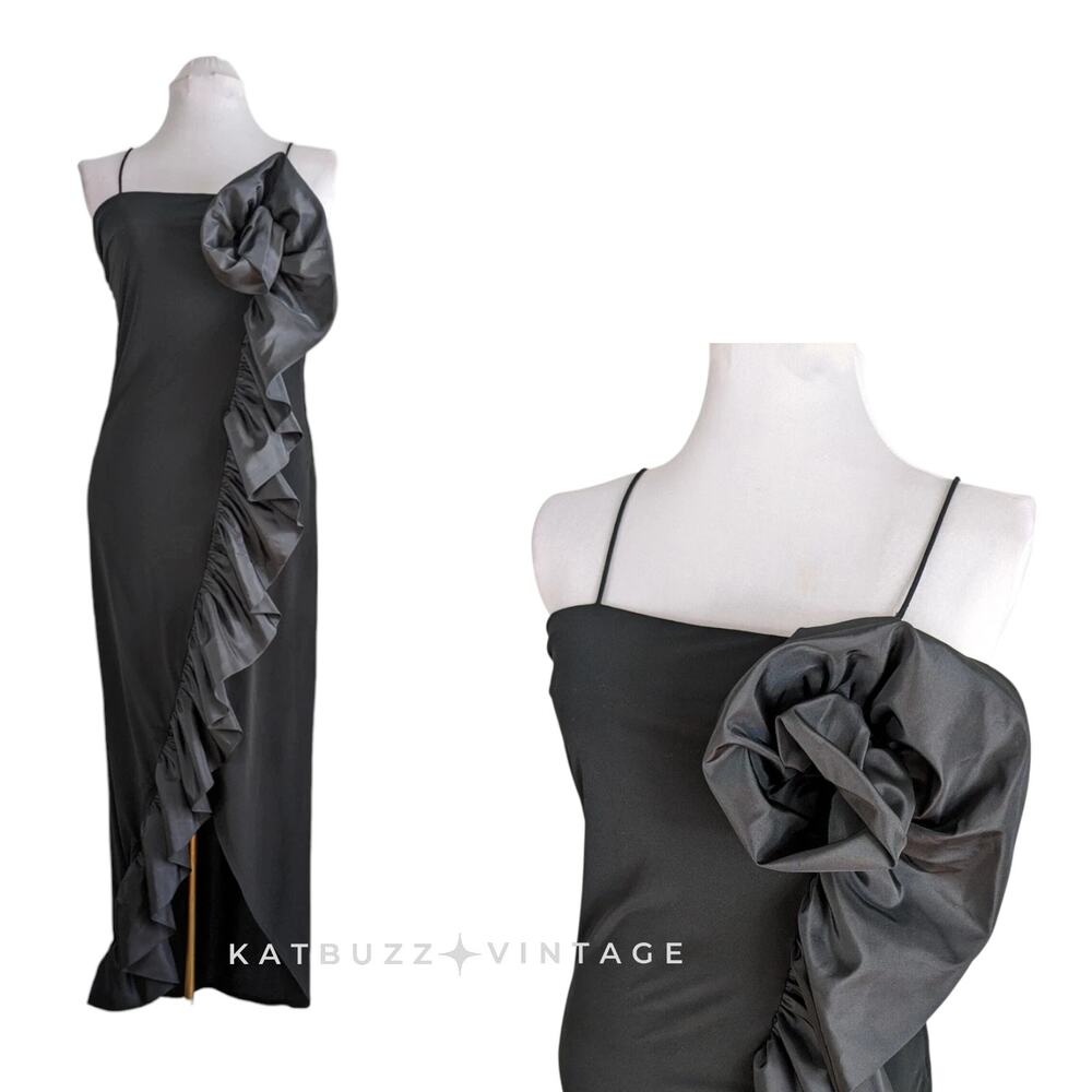 Vintage Prom Dress Maxi Gown 8 Black 70s 80s Goth Glam Avant Garde Ruffle Artsy